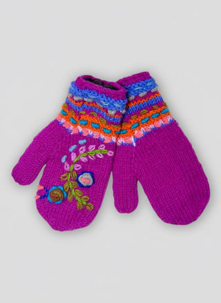 Hand-Knitted Wool Flower Mittens with Fleece Lining