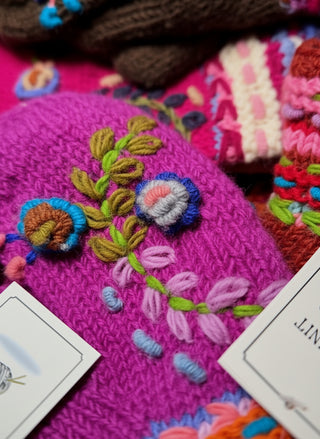 Hand-Knitted Wool Flower Mittens with Fleece Lining