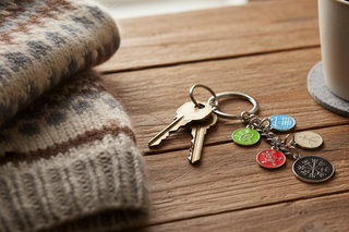 Icelandic symbol keychain with colorful Norse rune charms and metal ring souvenir