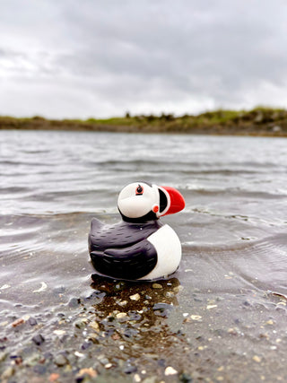 Model puffin on a beach with water and sky in the background