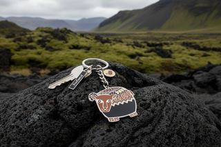 Keychain with bear design and 'Iceland' tag on a white background