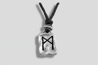 Silver-tone Icelandic Mannaz rune pendant necklace on black cord, Viking symbol of humanity and self-awareness