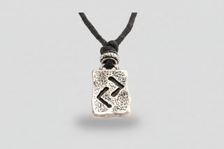 Silver-tone Icelandic Jára rune pendant necklace on black cord, Viking rune symbol for harvest and reward