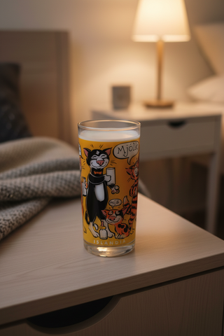 Iceland milk glass with colorful cartoon cats drinking milk, Icelandic text “Mjólk,” fun Iceland souvenir drinking glass.