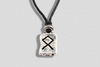 Silver-tone Icelandic Othala rune pendant necklace on black cord, Viking symbol of heritage and home