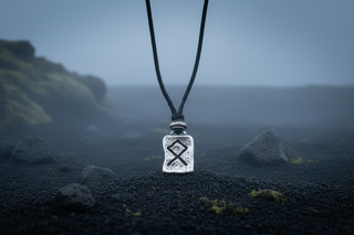 Silver-tone Icelandic Othala rune pendant necklace on black cord, Viking symbol of heritage and home