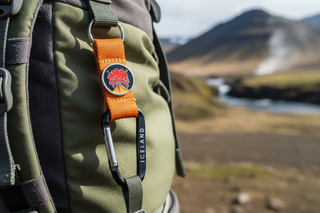 Keychain with carabiner and orange strap featuring a tree design on a backpack