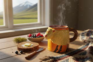 Iceland sheep mug with cute 3D sheep design, orange interior labeled “Iceland,” and brown handle, fun Iceland souvenir coffee cup