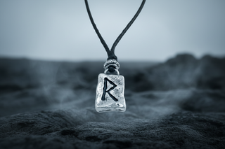 Silver Icelandic Raido rune pendant necklace with black cord, Viking Norse symbol jewelry souvenir