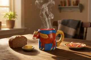 Icelandic horse mug with colorful 3D horse design, blue body, yellow handle, and orange interior labeled “Iceland,” fun Iceland souvenir coffee cup.
