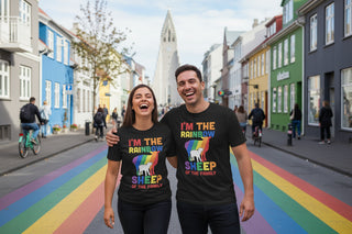 Black t-shirt with rainbow sheep design and text on a white background
