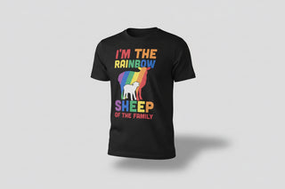 Black t-shirt with rainbow sheep design and text on a white background