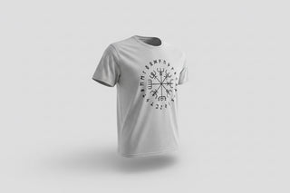 Gray t-shirt with black circular design on a white background
