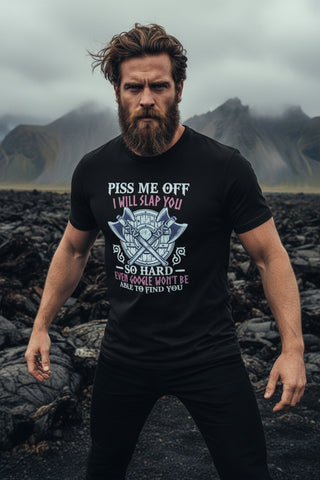 Black t-shirt with graphic design and text on a white background