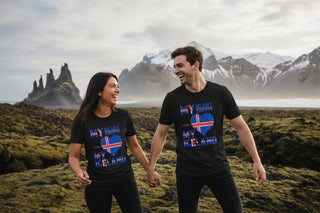 Black t-shirt with Icelandic flag design and text on a white background