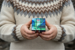 Child holding a Rubik's Cube in a patterned sweater outdoors