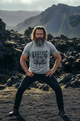 Gray t-shirt with Viking design and text on a white background