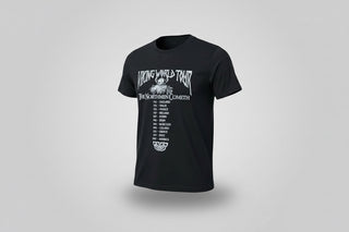 Black t-shirt with white graphic design and text on a white background