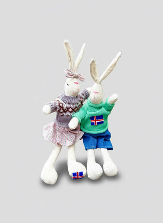 Two plush toy rabbits, one in a dress and the other in shorts and sweater, on a light gray background.
