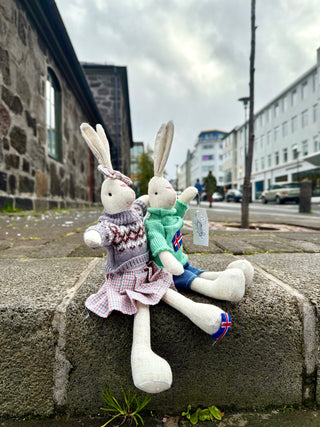 Two stuffed rabbit toys sitting on a concrete ledge with a city street in the background.