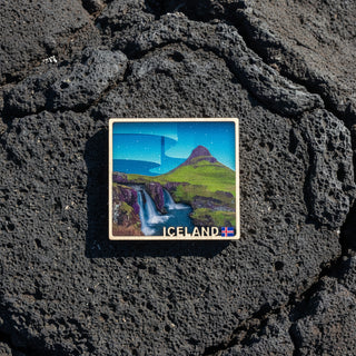 Square framed artwork of a mountain and waterfall with 'Iceland' text on a white background