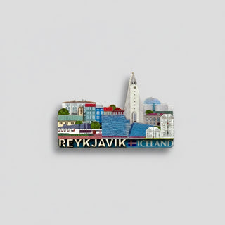 Fridge magnet with Reykjavik, Iceland skyline on a white background