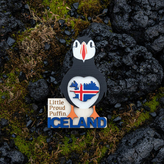 Puffin-shaped magnet with Iceland design on a white background