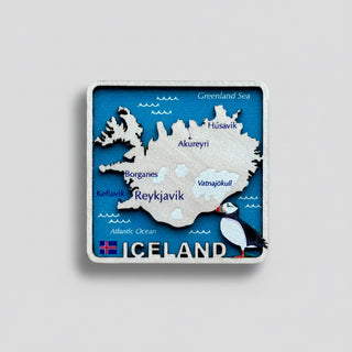 Map of Iceland with a puffin illustration on a blue background