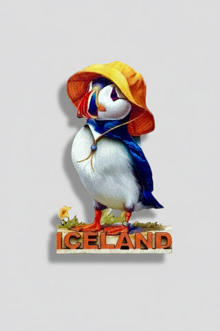 Puffin wearing a hat with 'Iceland' text on a white background