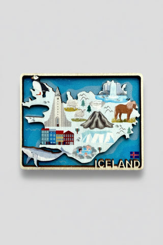 Fridge magnet with a map of Iceland featuring landmarks and animals on a white background.