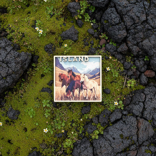 Wooden sign with horses and mountains design and 'ISLAND' text on a white background