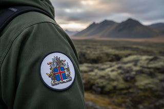 Circular patch with a coat of arms design on a white background