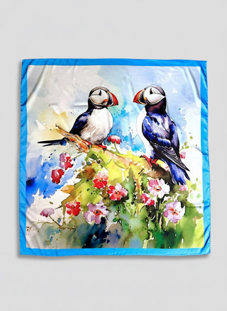 Puffin Duo Floral Scarf – 90×90 cm Rayon, Store Exclusive
