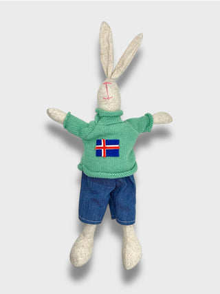Stuffed bunny toy wearing a green sweater with an Icelandic flag and blue shorts on a light gray background