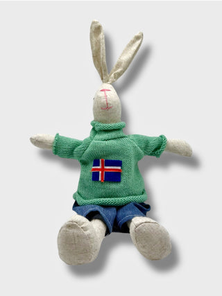 Stuffed toy rabbit wearing a green sweater with an Icelandic flag on a light gray background