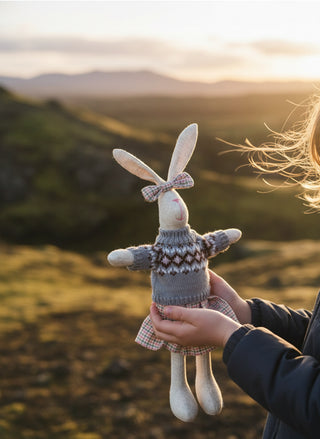Person holding a plush rabbit toy with a sweater against a scenic background