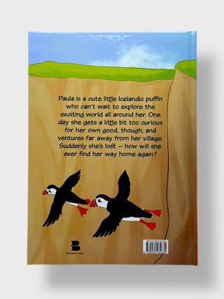 Book cover with puffins and text on a white background