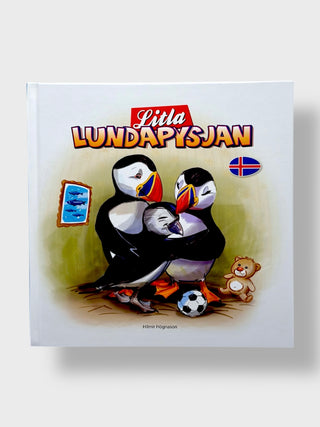 Book cover of 'Litta Lundapsysjan' with puffins and Icelandic flag on a white background