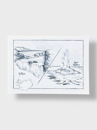 Framed black and white drawing of a waterfall on a white background