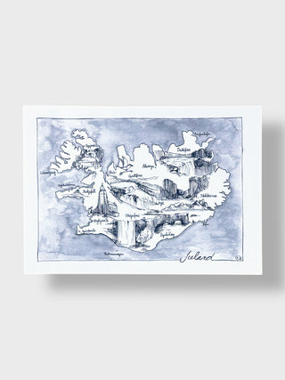 Map of Iceland with watercolor texture on a white background
