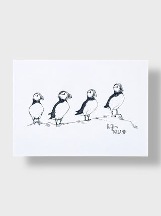Illustration of four puffins on a white background with 'Puffin Iceland' text.