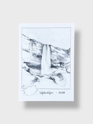 Pencil drawing of a waterfall labeled 'Seljalandsfoss, Iceland' on a white background