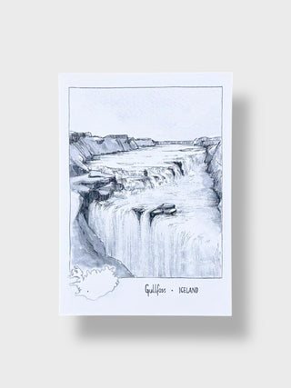 Art print of a waterfall with 'Gullfoss, Iceland' text on a white background