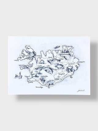 Map of Iceland with landmarks on a white background