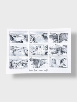 Icelandic Waterfalls Illustrated Postcard – Hand-Drawn by Jana Tomanova