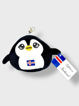 Plush puffin keychain with Iceland flag on a white background