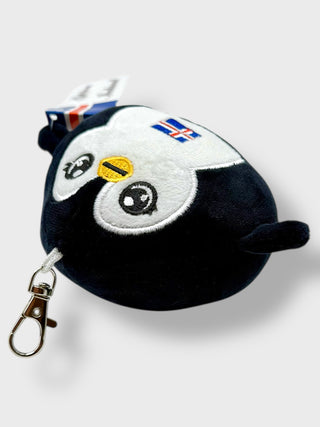 Plush puffin keychain with British flag design on a white background