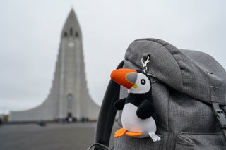 Plush toy puffin  with an orange beak on a white background
