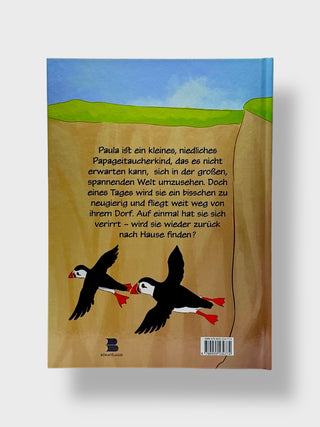 Book cover with puffins and text on a beige background
