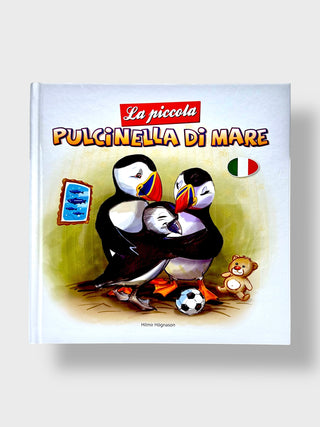 Book cover with puffins, a teddy bear, and a soccer ball on a light gray background